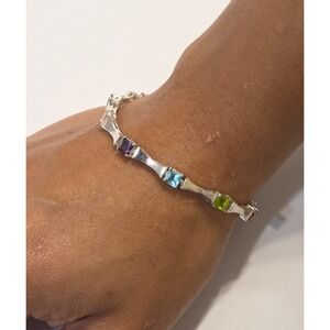 Vintage Sterling Silver Multi Gemstone & Bar Link Tennis Bracelet 7"